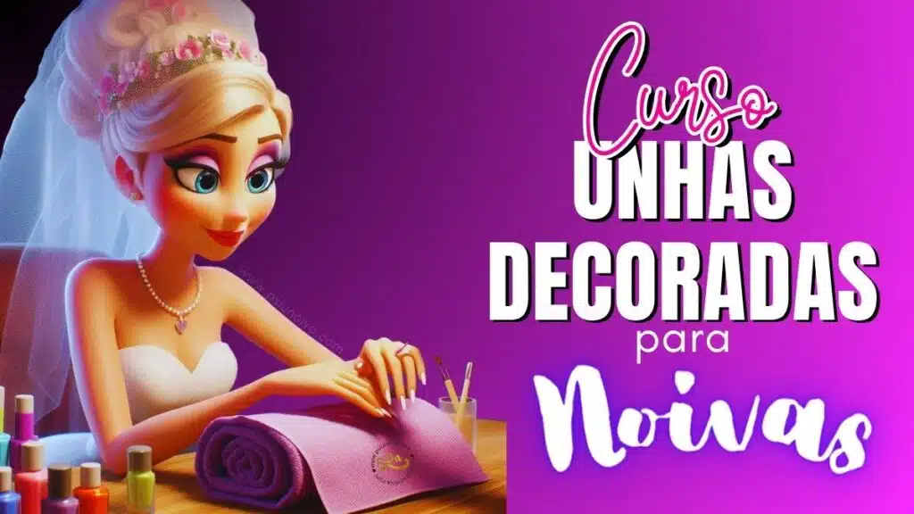Noiva loira fazendo as unhas num salão. Ilustração tipo desenho animado pixar. Fundo degradê preto e lilás