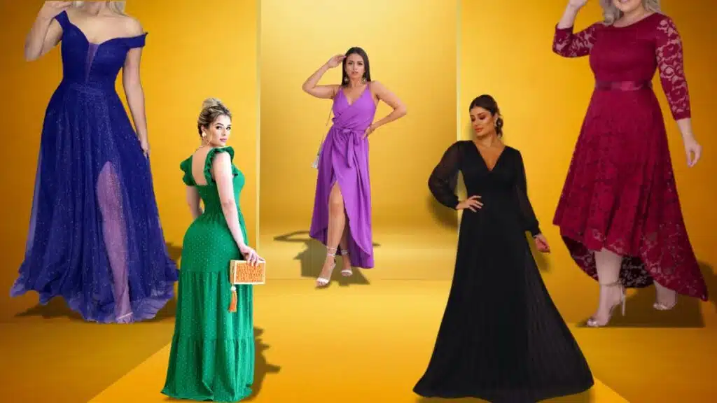 Imagem Fundo amarelo e alaranjado em profundidades diferentes, simulando um mostruário. Cinco modelos com vestidos de festas nas cores azul, verde bandeira, lilás, preto, e marsala, respectivamente da esquerda para a direita. Melhores vestidos de madrinha para evangélicas
