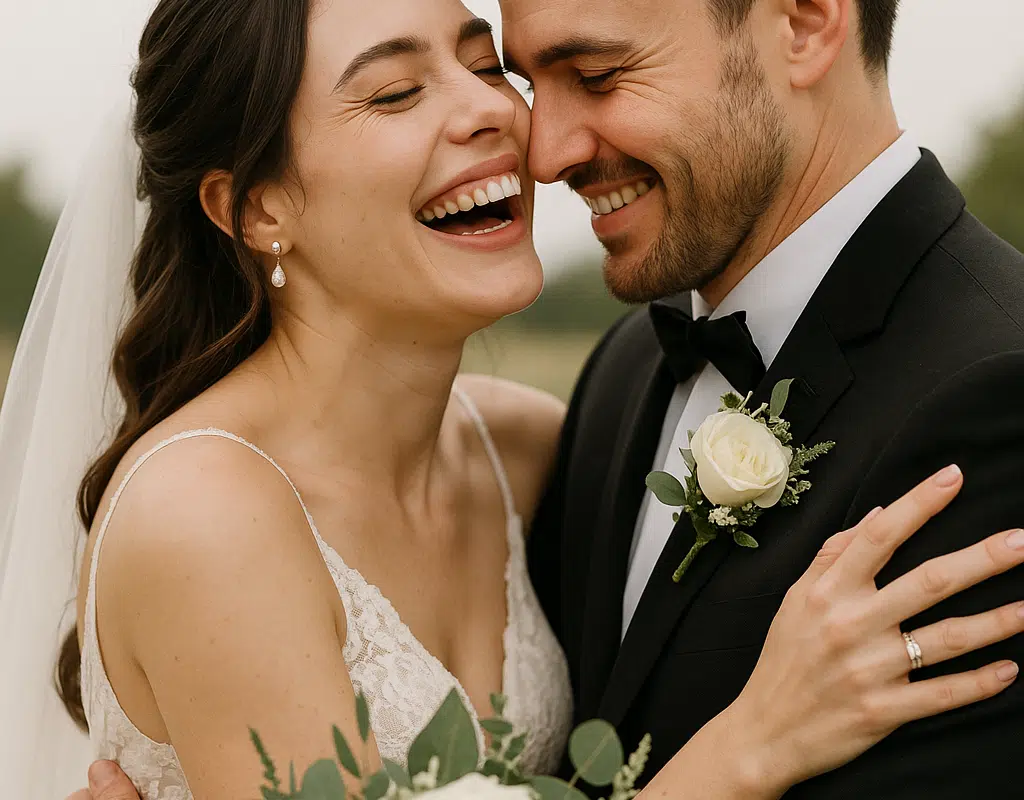 Casal de noivos sorridentes se abraça ao ar livre durante o ensaio de casamento. A noiva veste um vestido de renda com véu e segura um buquê de rosas brancas, enquanto o noivo usa terno preto com flor na lapela. Ambos demonstram alegria e cumplicidade, em um momento íntimo e natural.