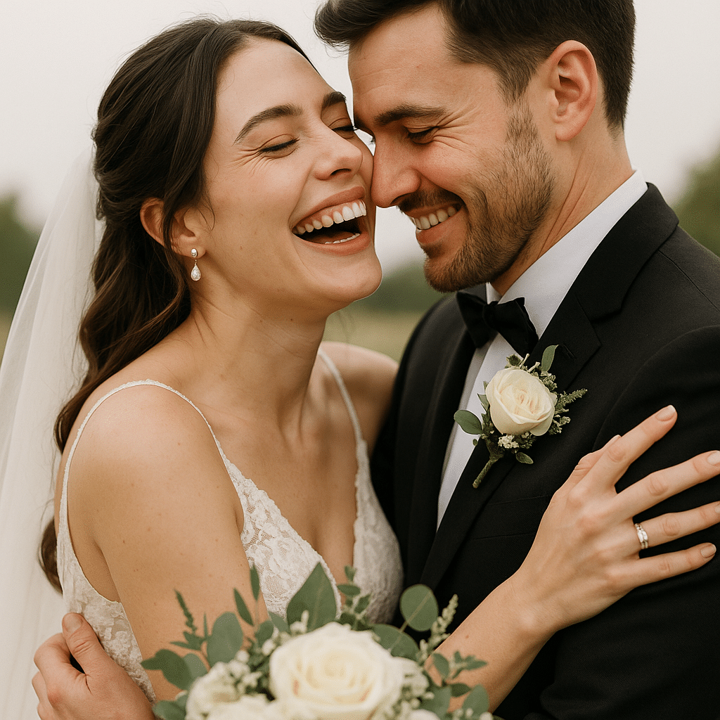 Casal de noivos sorridentes se abraça ao ar livre durante o ensaio de casamento. A noiva veste um vestido de renda com véu e segura um buquê de rosas brancas, enquanto o noivo usa terno preto com flor na lapela. Ambos demonstram alegria e cumplicidade, em um momento íntimo e natural.